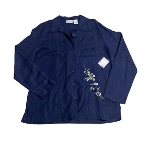 WORTHINGTON‎ EMBROIDERED FLORAL BUTTON UP SHIRT BLUE NAVY LINEN SIZE 20 TALL